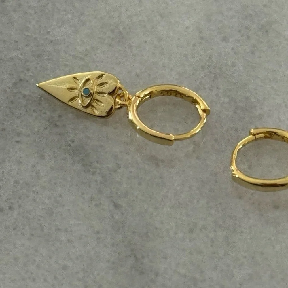 Gold Heart Pendant Turquoise Evil Eye Charm Hoop Dangle Earrings  Brand New